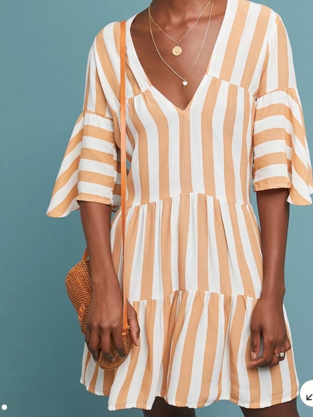 Faithfull the Brand Memphis Striped Camel White Tiered Boho Tunic Dress Size M
